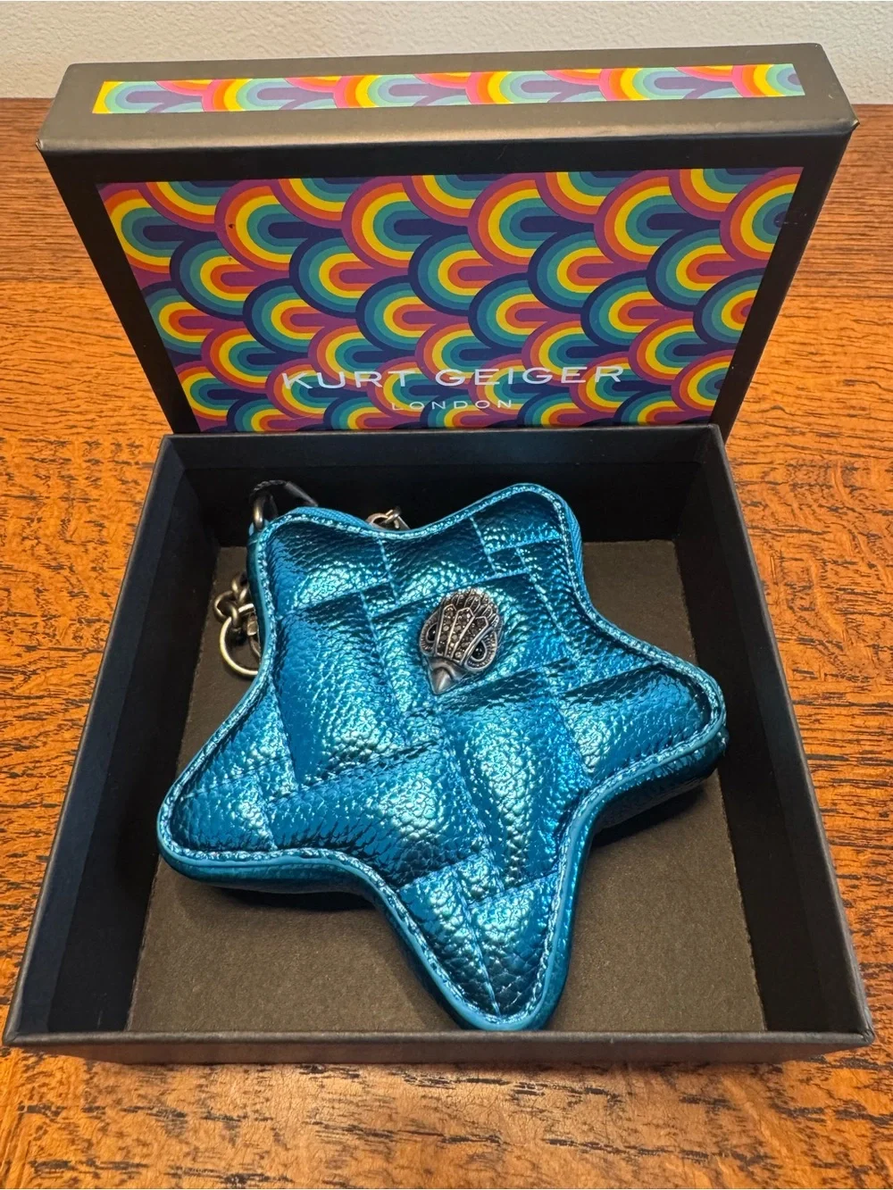 NWOT Kurt Geiger Metallic Blue Quilted Star Bag Charm/Pouch